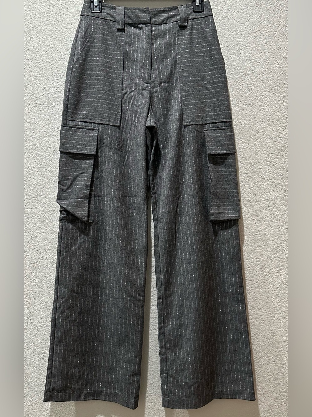 Ramy Brook Gray Pinstripe Wide-Leg Cargo Pants